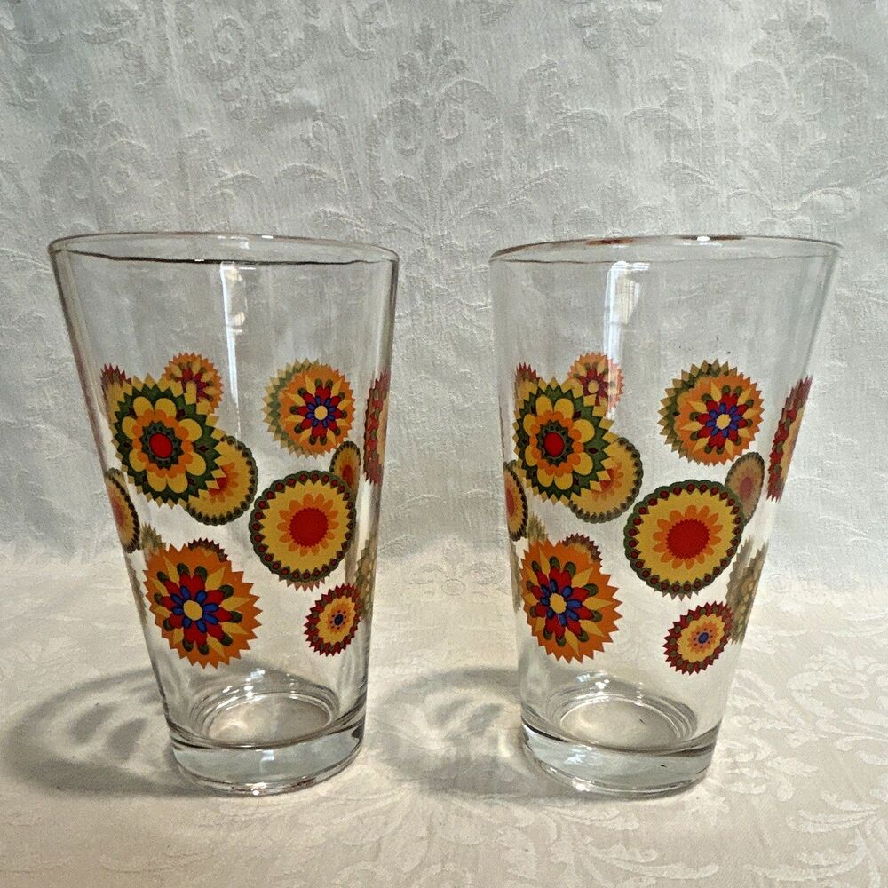 Vintage Pasabahce MCM Kaleidoscope 12oz Tumbler Glasses Set of 2 Retro 70s 5.5"